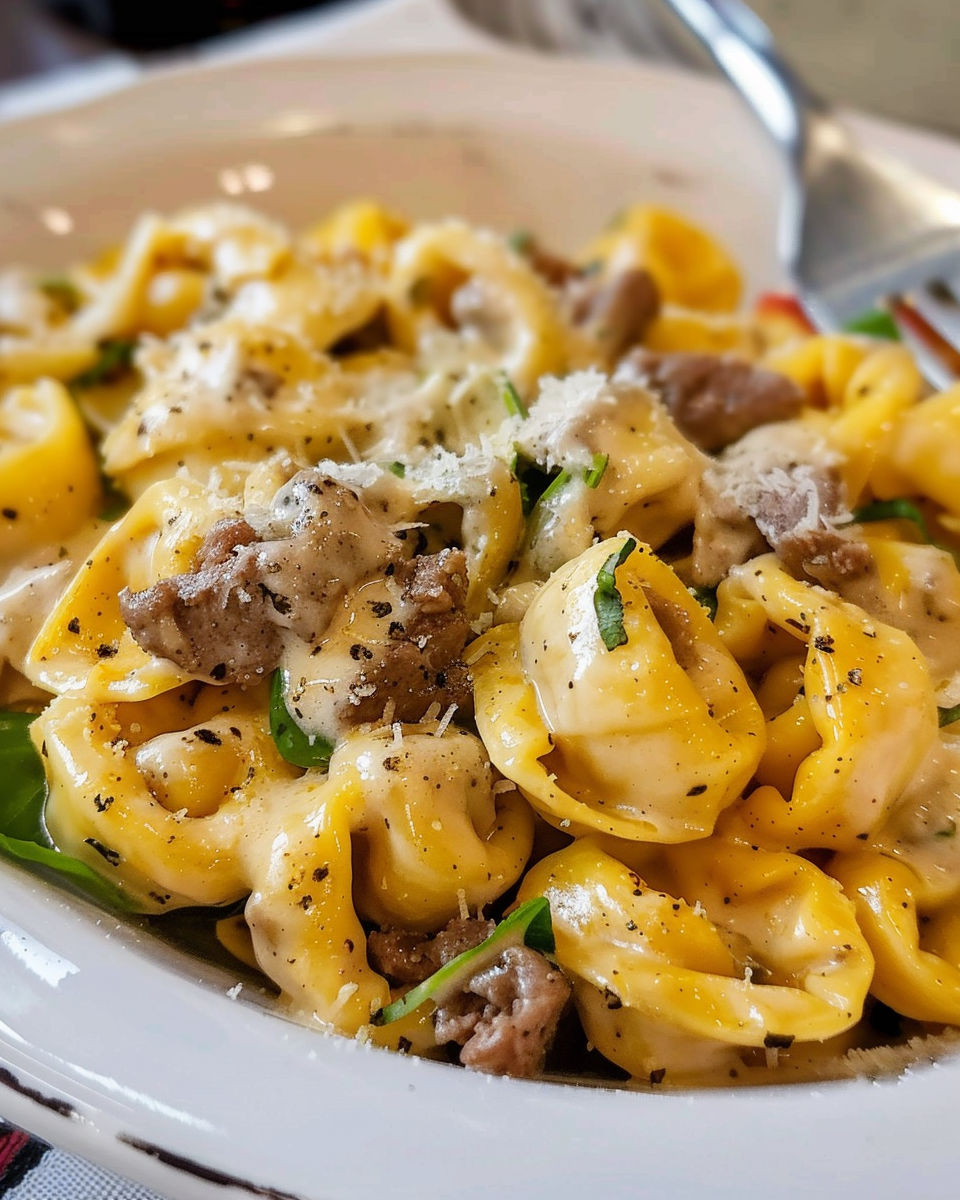 A plate of pasta with meat and cheese.