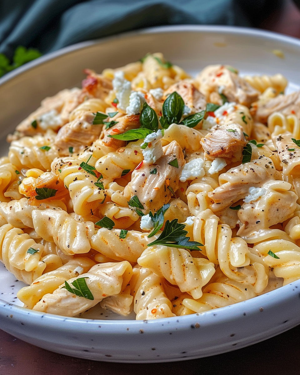 A bowl of creamy chicken feta pasta.