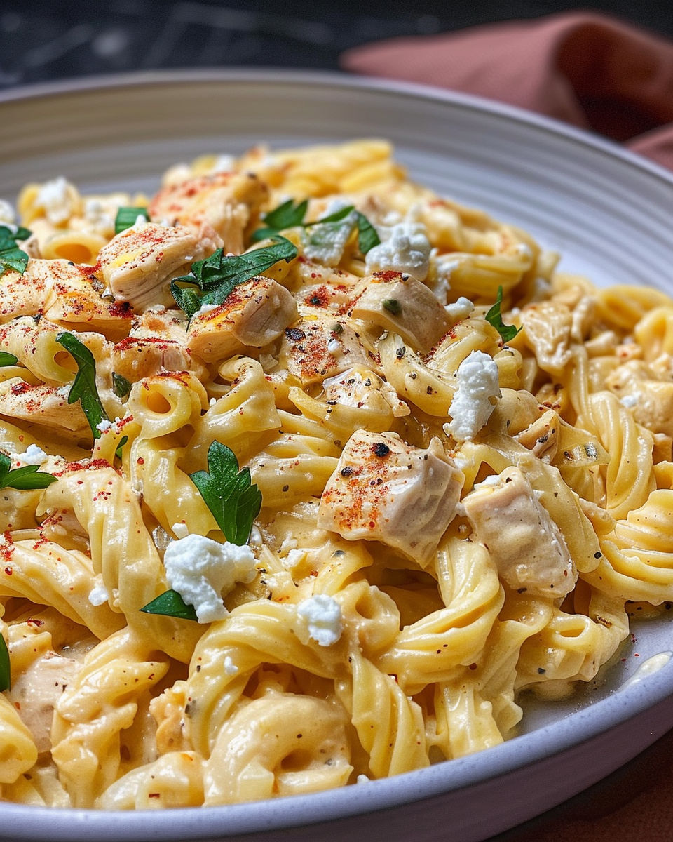 A plate of creamy chicken feta pasta.