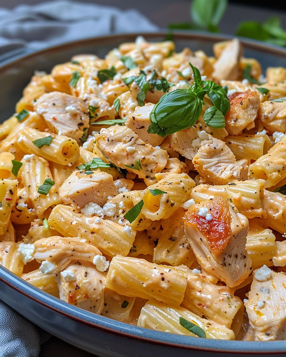 A bowl of creamy chicken feta pasta.