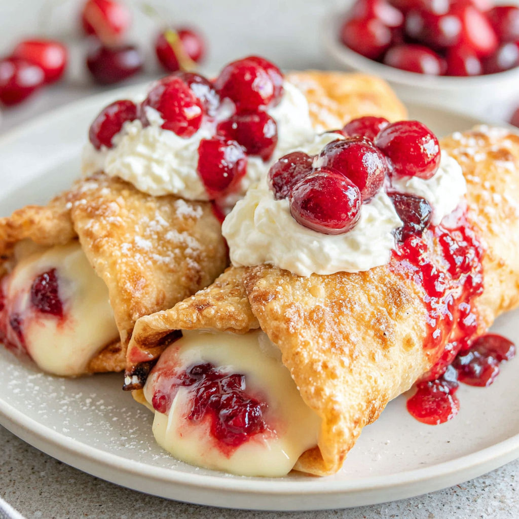 A plate of food with cherries and whipped cream on top.