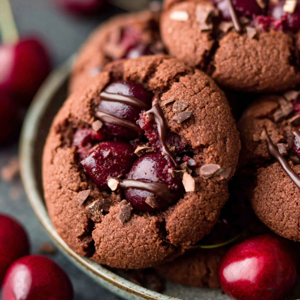 A plate of chocolate cherry cookies.