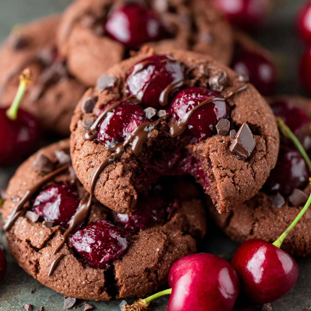 A chocolate cherry cookie with chocolate drizzle.