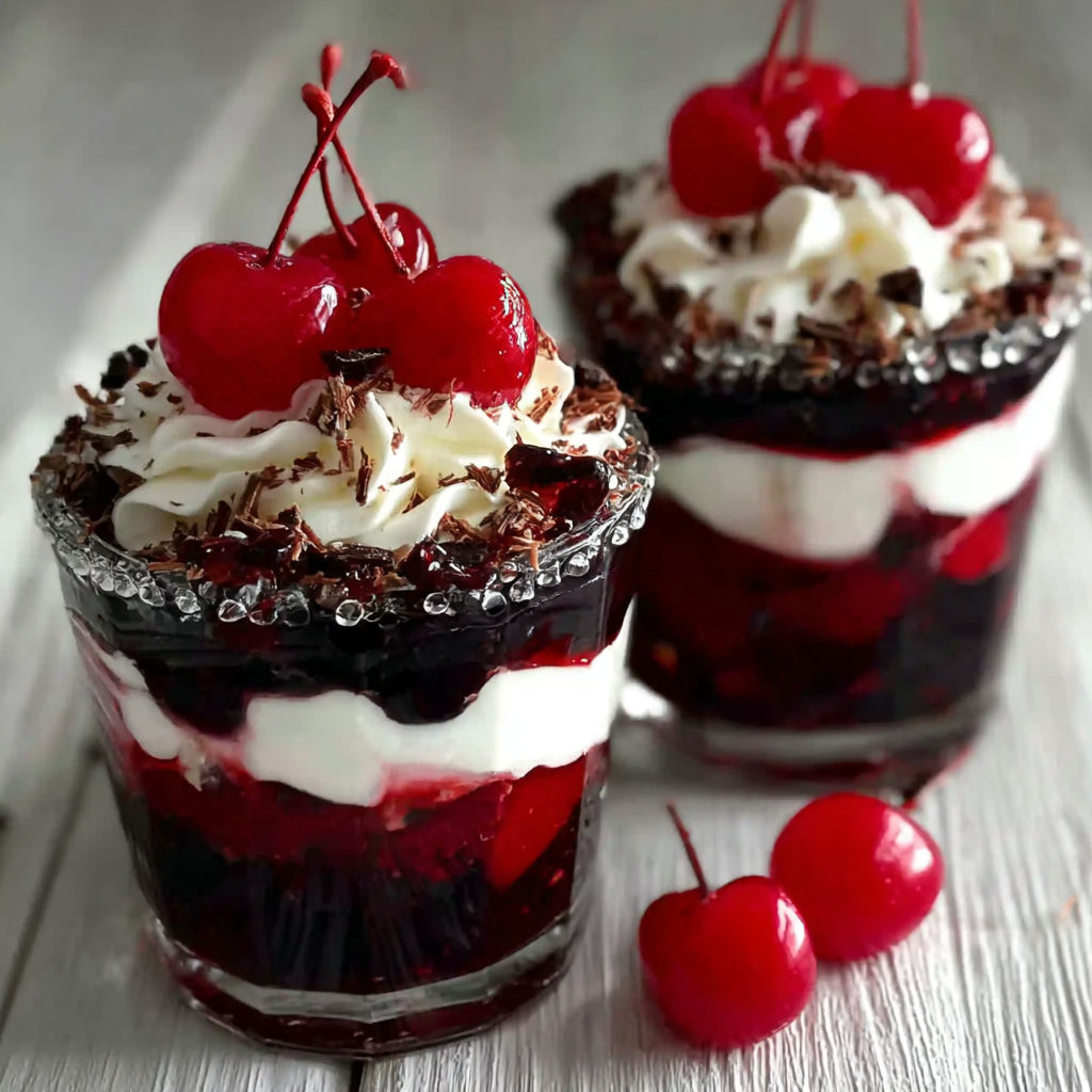Two black forest cups with cherries on top.
