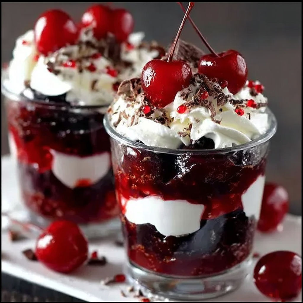 Two black forest cups with cherries and whipped cream.