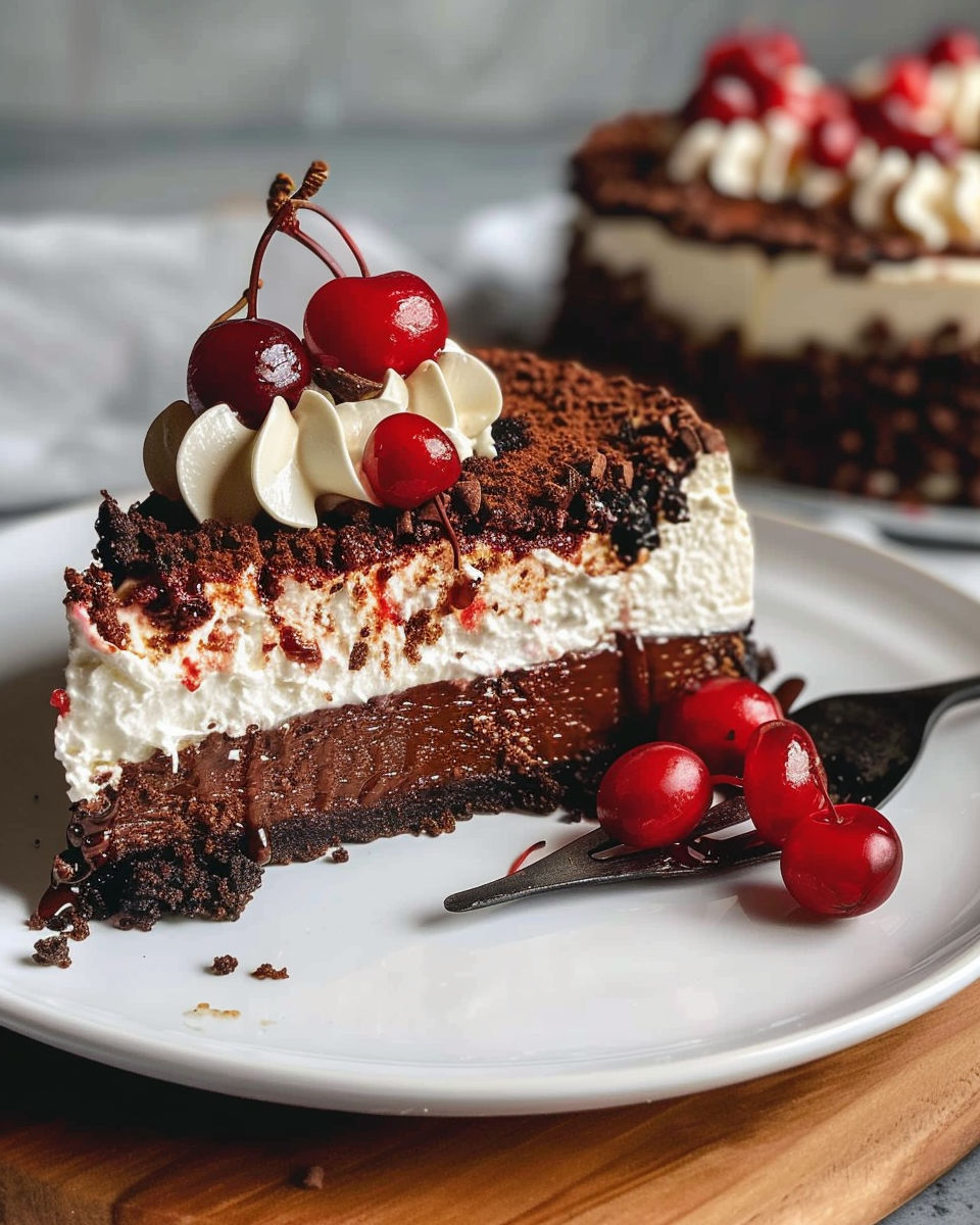 A slice of Black Forest Cheesecake with cherries on top.