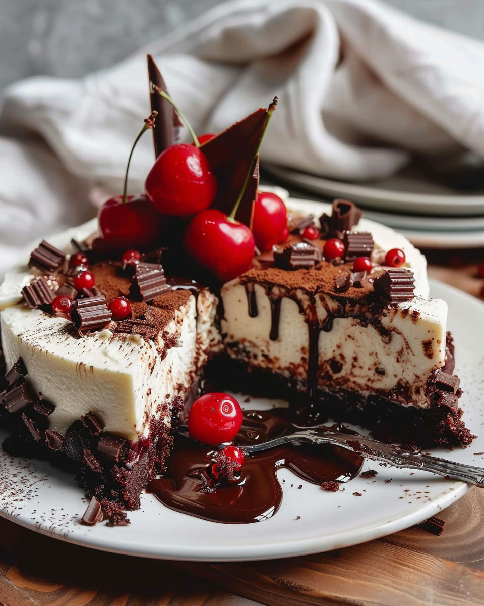 A slice of Black Forest Cheesecake.