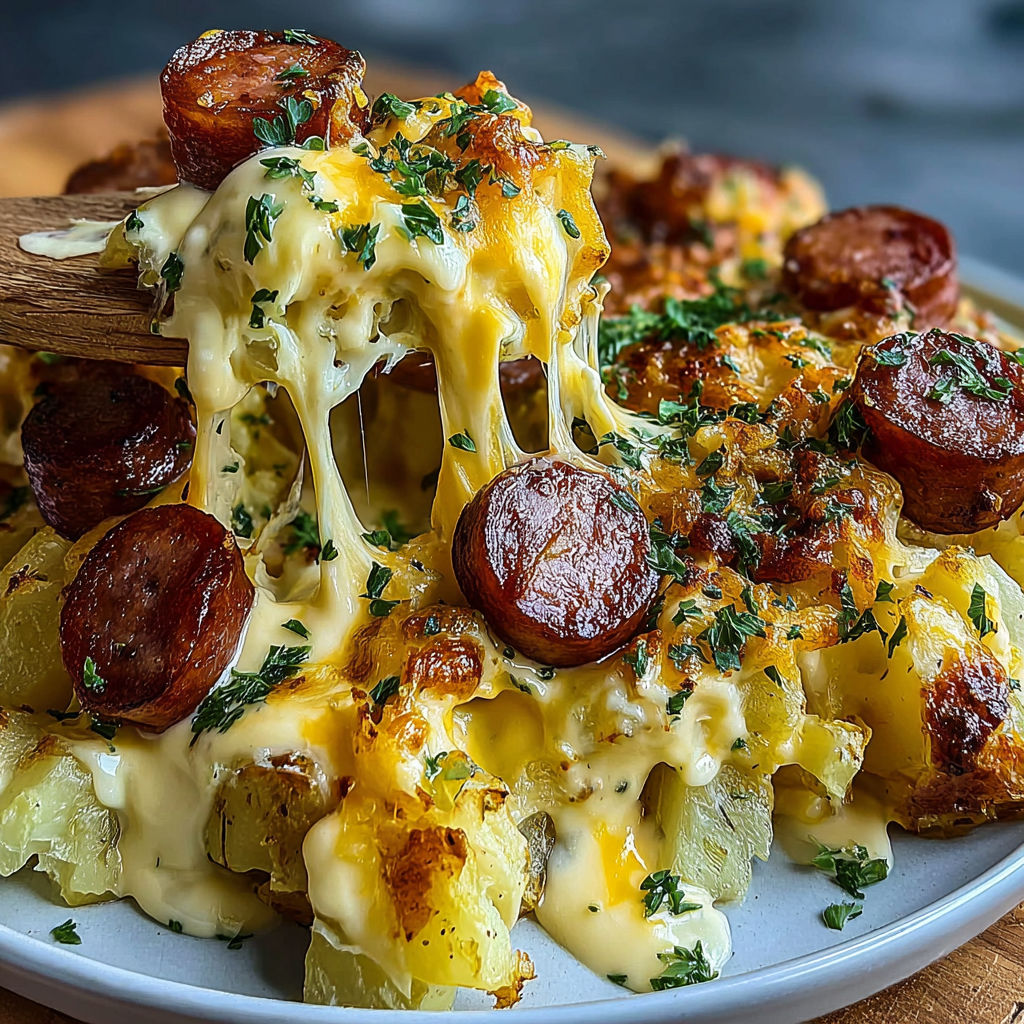 A plate of loaded cheesy ranch potato bake with smoked sausage.
