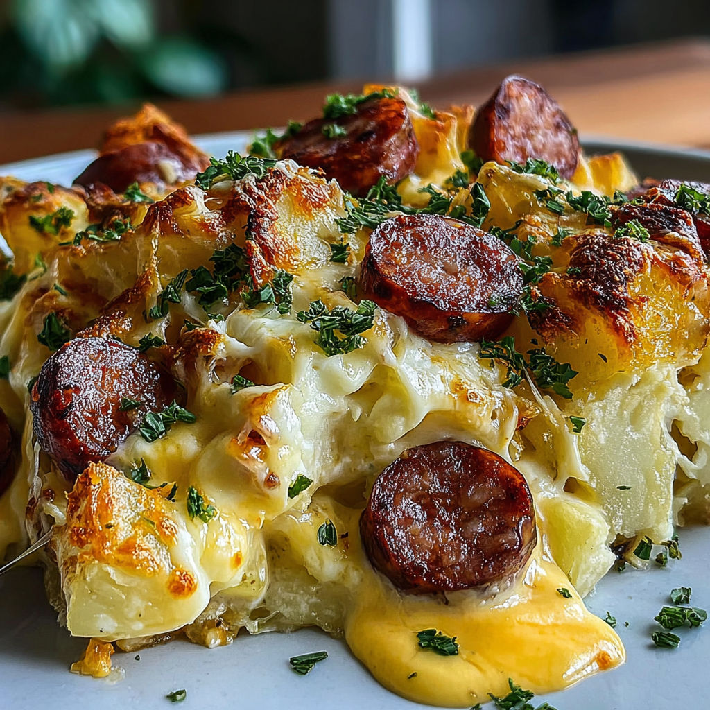 A loaded cheesy ranch potato bake with smoked sausage.