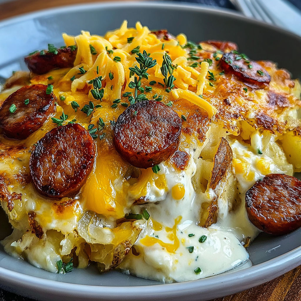 A loaded cheesy ranch potato bake with smoked sausage.
