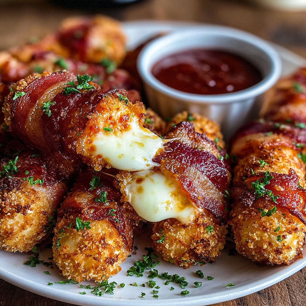 A plate of Nashville Hot Turkey Bacon Wrapped Mozzarella Sticks.