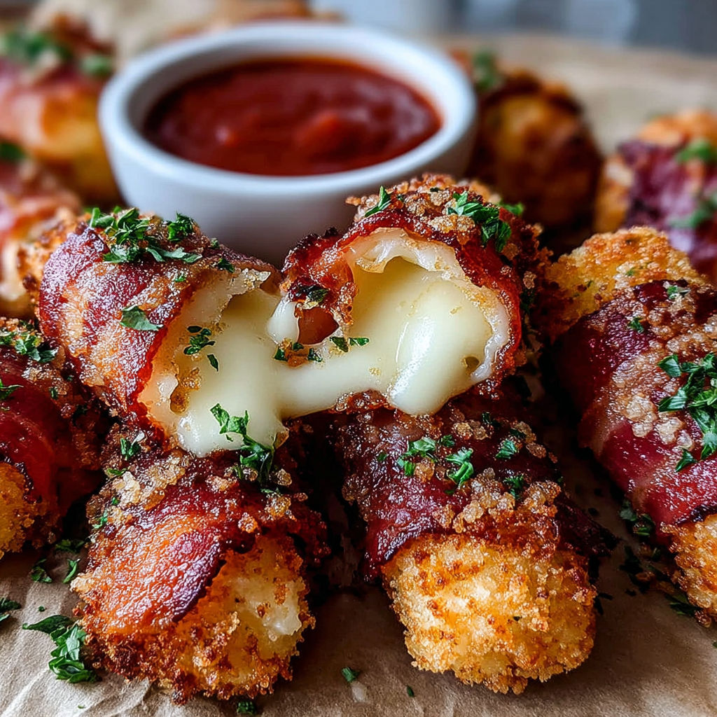 A plate of Nashville Hot Turkey Bacon Wrapped Mozzarella Sticks.