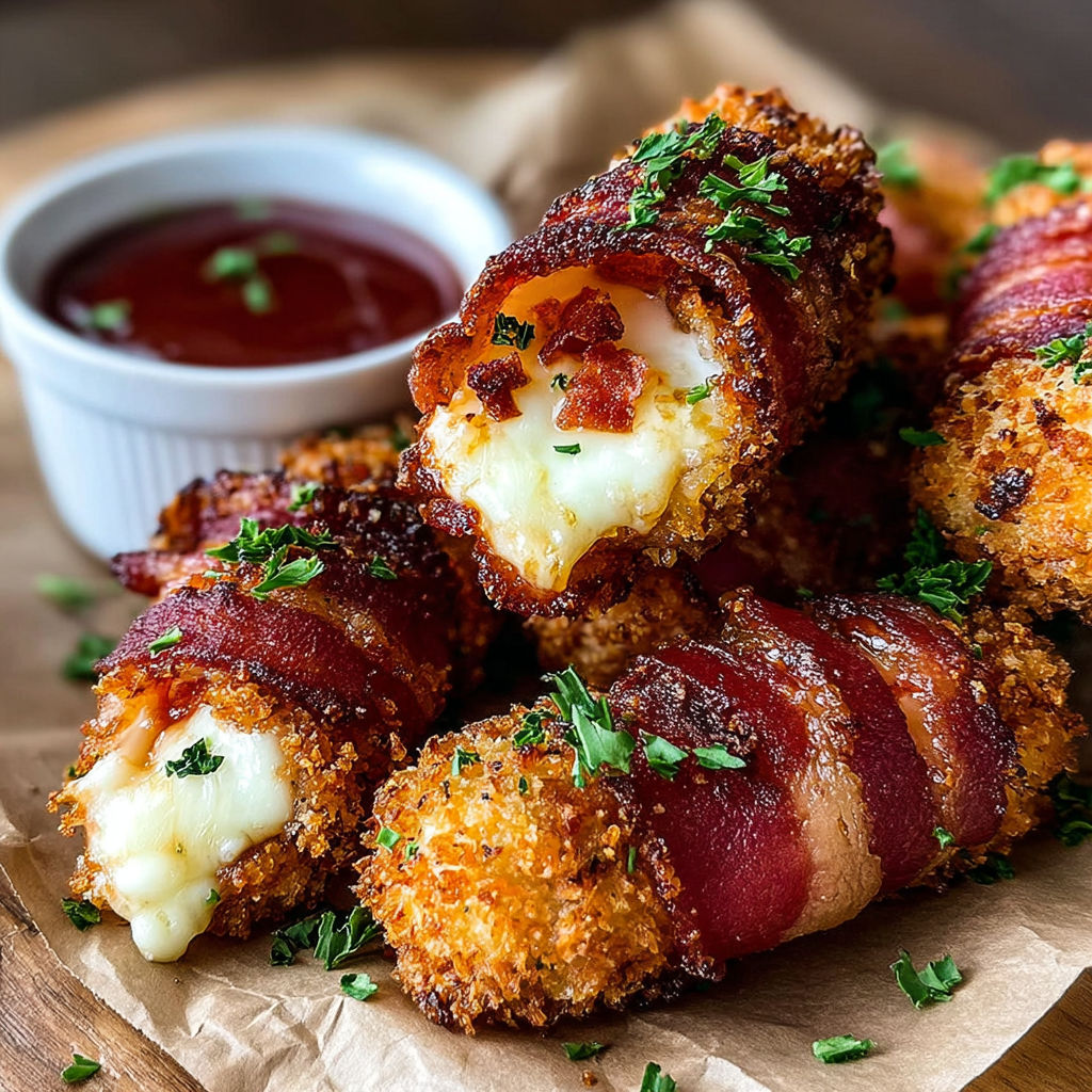 A plate of Nashville Hot Turkey Bacon Wrapped Mozzarella Sticks.