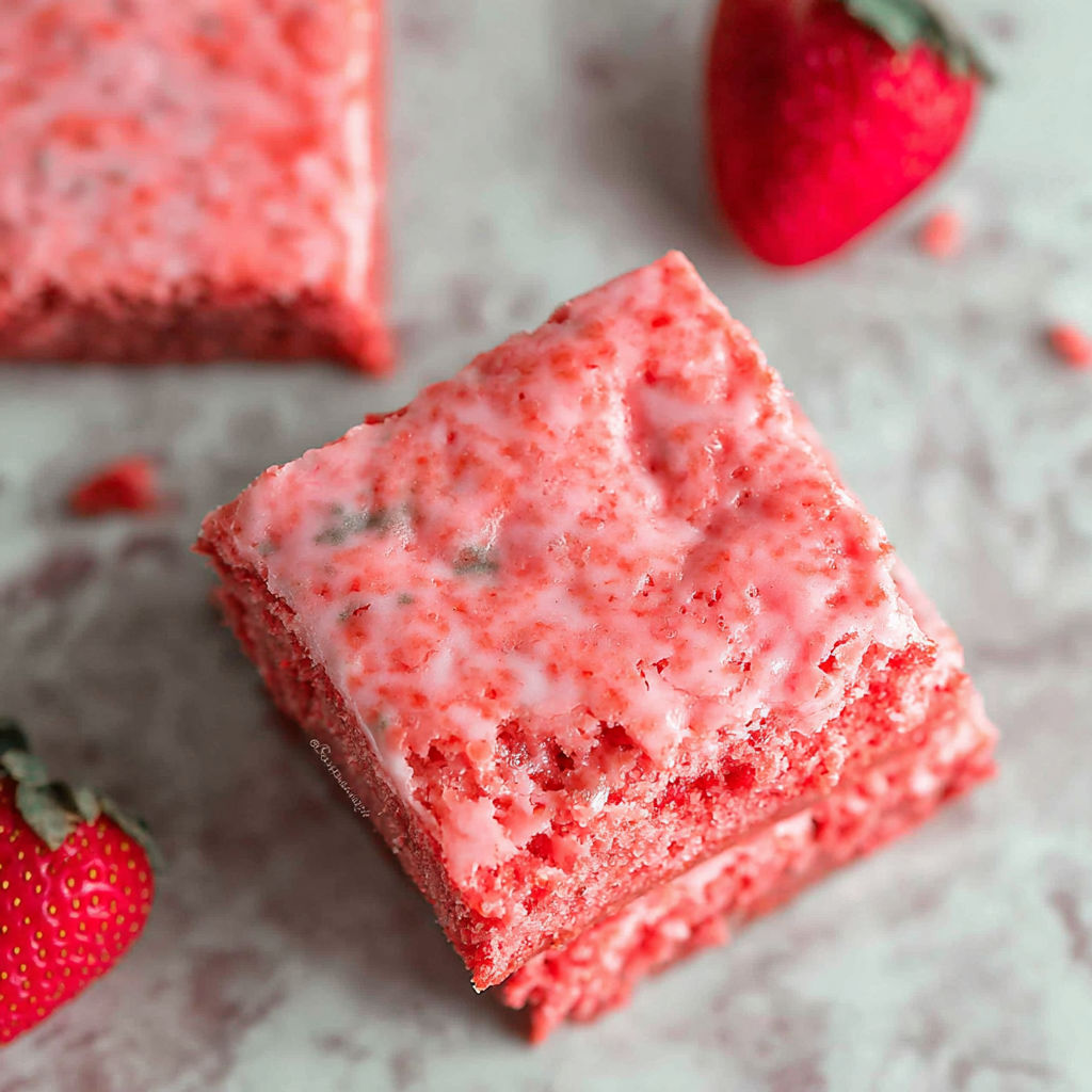 A piece of red cake with white frosting and a strawberry on top.