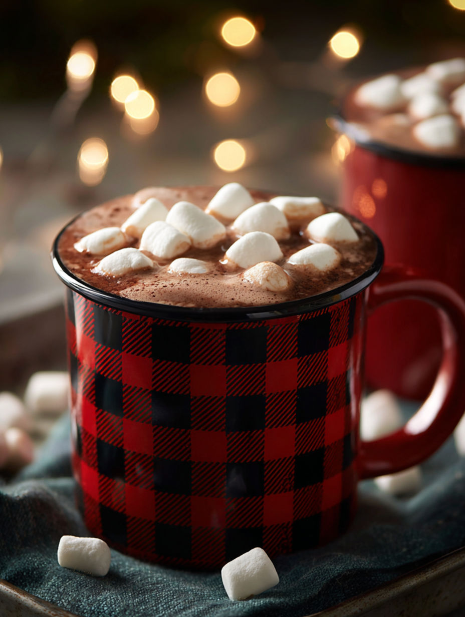 A red cup of hot chocolate with marshmallows on top.
