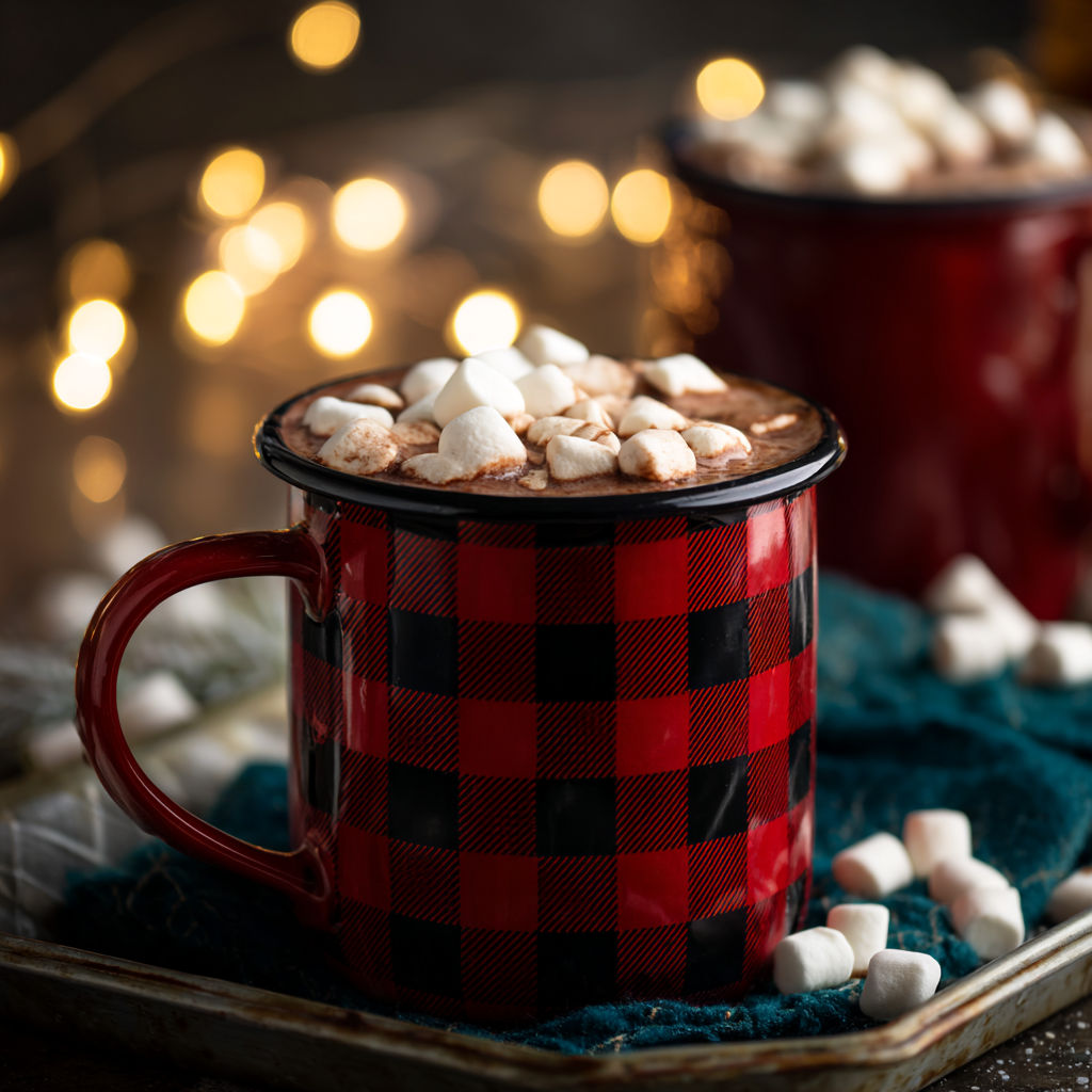 A red and black coffee mug with marshmallows on top.