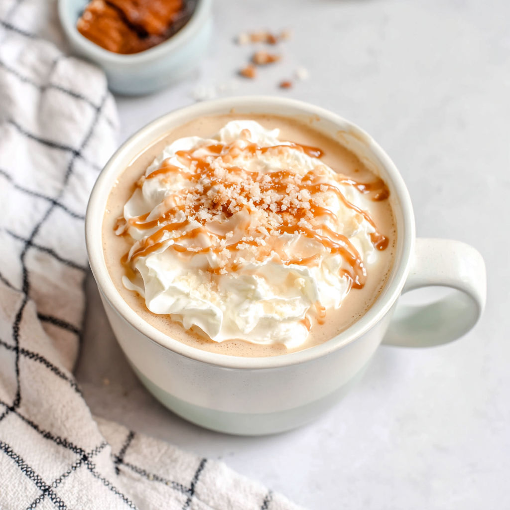 A cup of coffee with whipped cream and caramel drizzle.