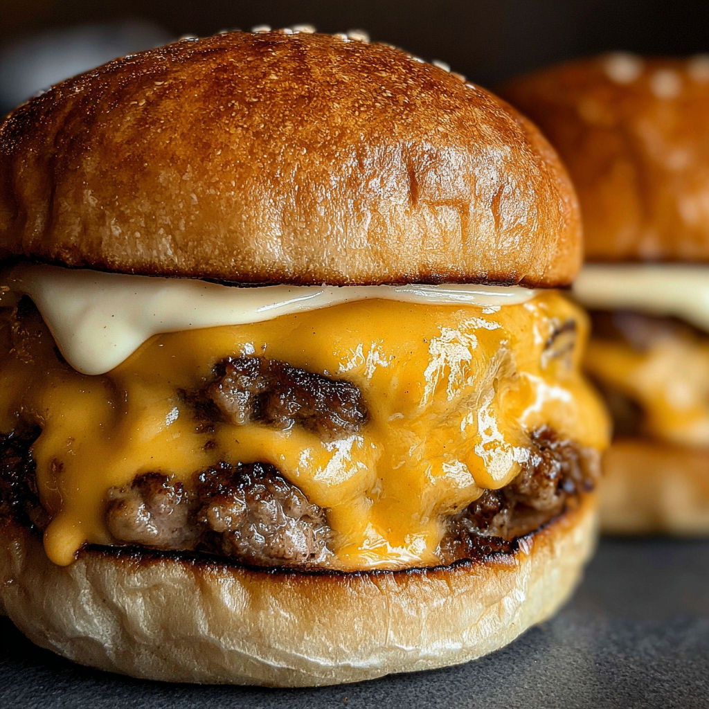 A close up of a burger with cheese and mustard.
