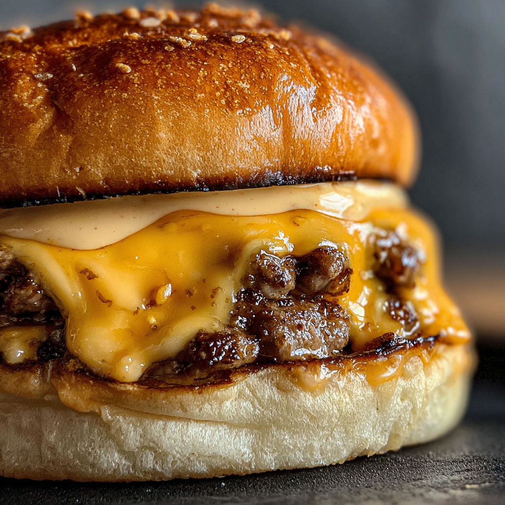 A close up of a burger with cheese and meat.