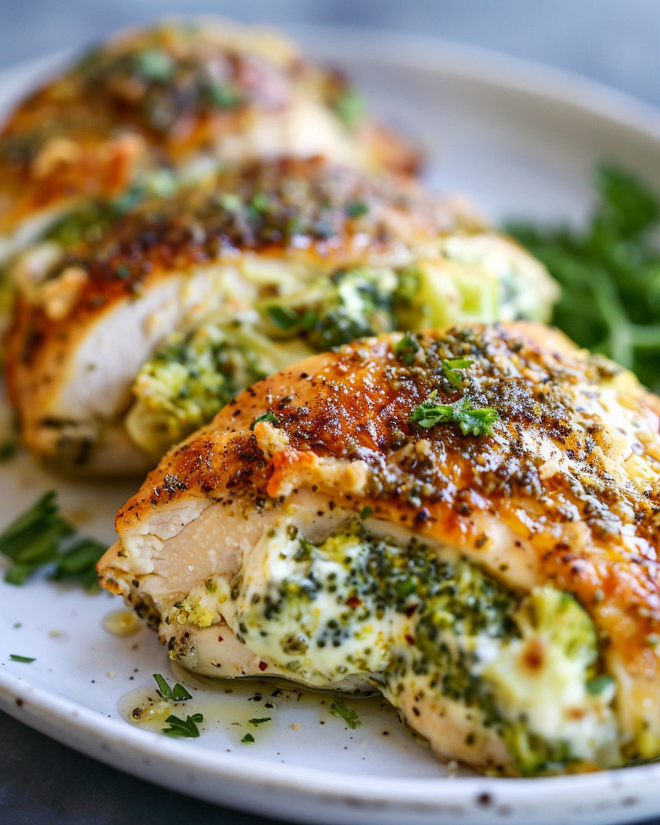 A plate of chicken with broccoli and cheese.