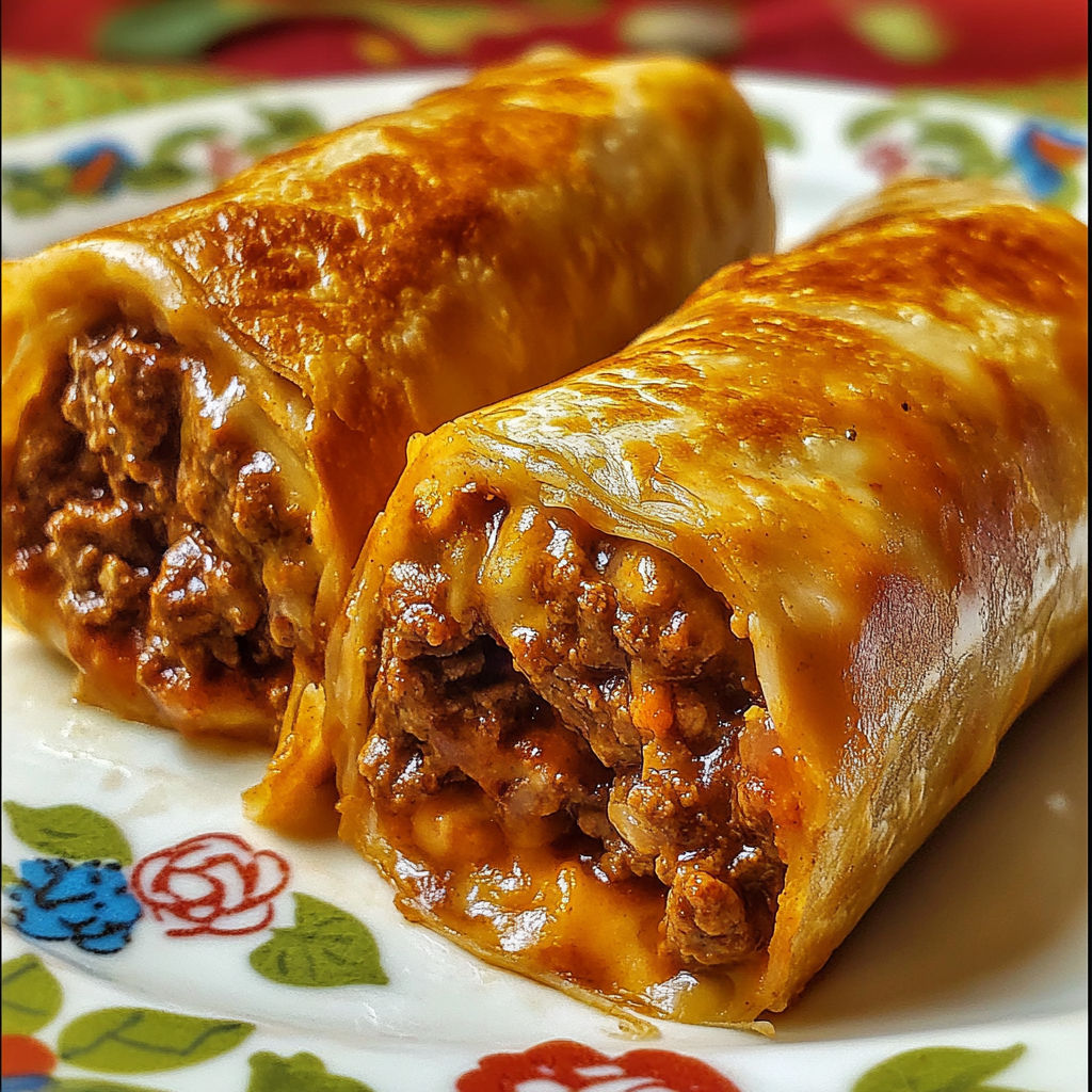 Two beef and cheese chimichangas on a plate.