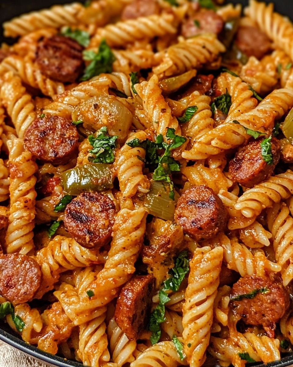 A plate of pasta with sausage and green onions.