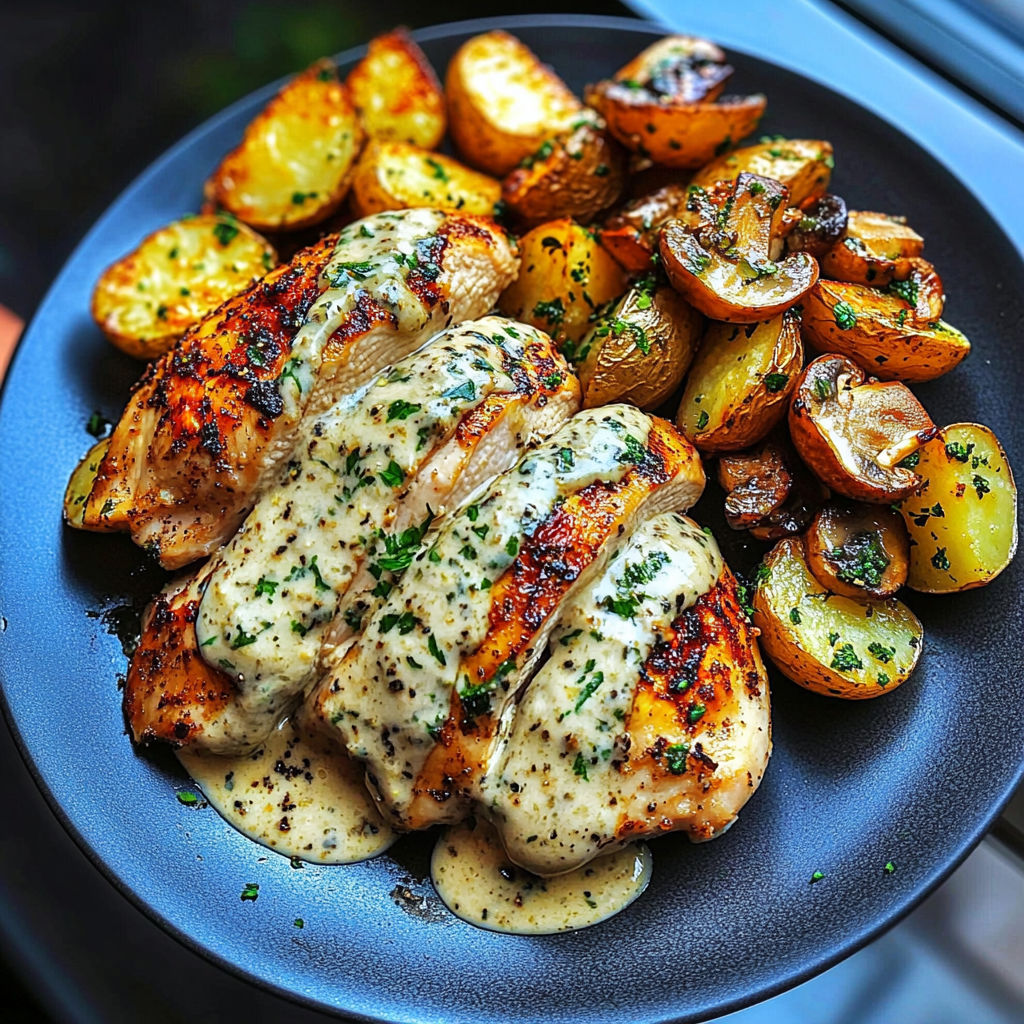 A plate of food with chicken, potatoes, and mushrooms.