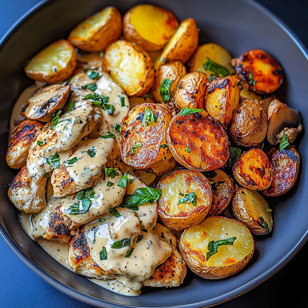 A bowl of chicken and potatoes with a creamy garlic mushroom sauce.