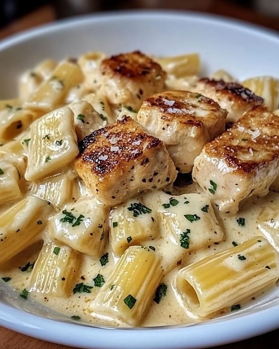 A bowl of rigatoni pasta with chicken and garlic butter.