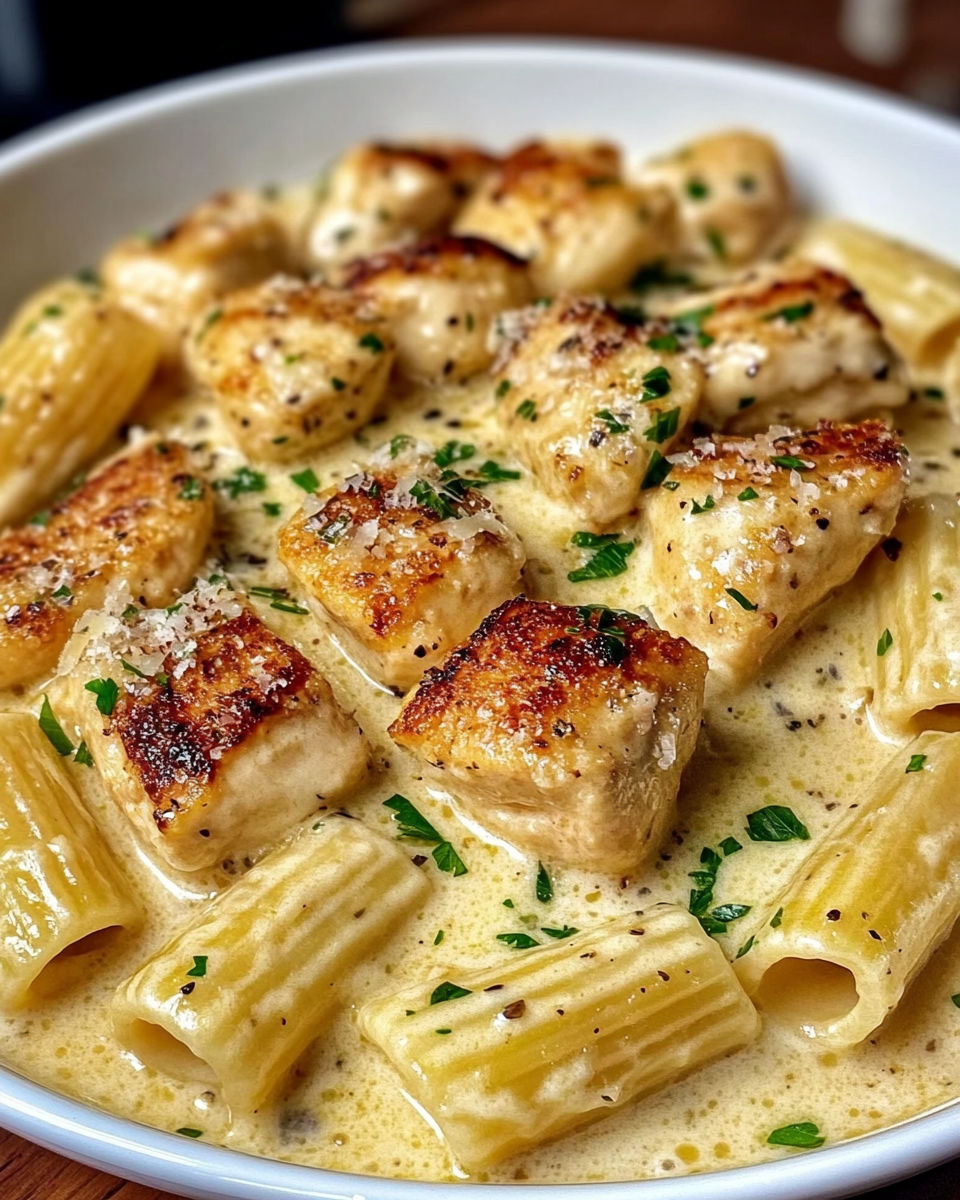 A dish of garlic butter chicken rigatoni in creamy parmesan sauce.