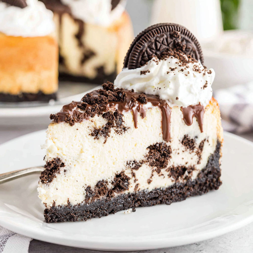 A slice of Oreo cheesecake with chocolate drizzle.