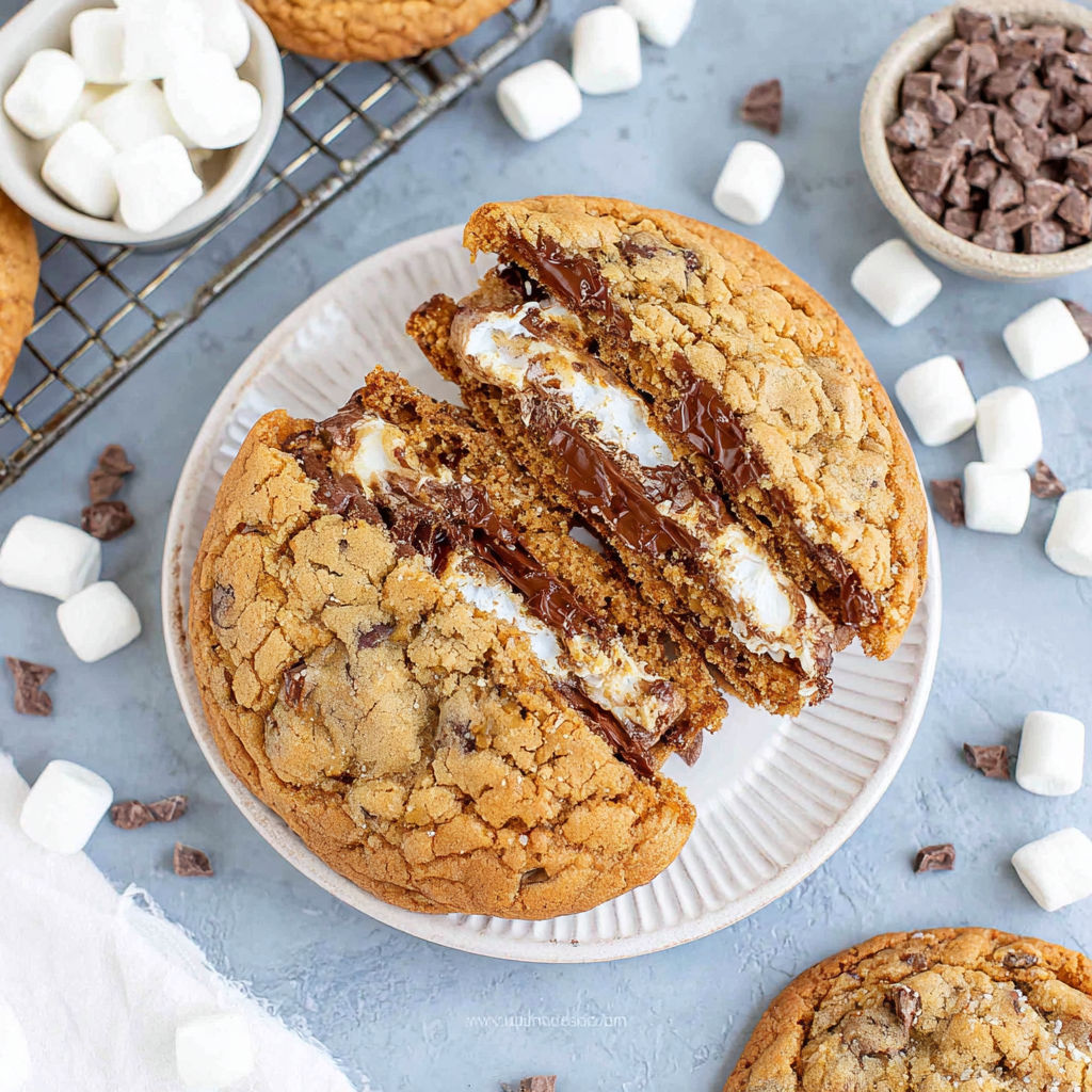 A chocolate chip cookie with white frosting.