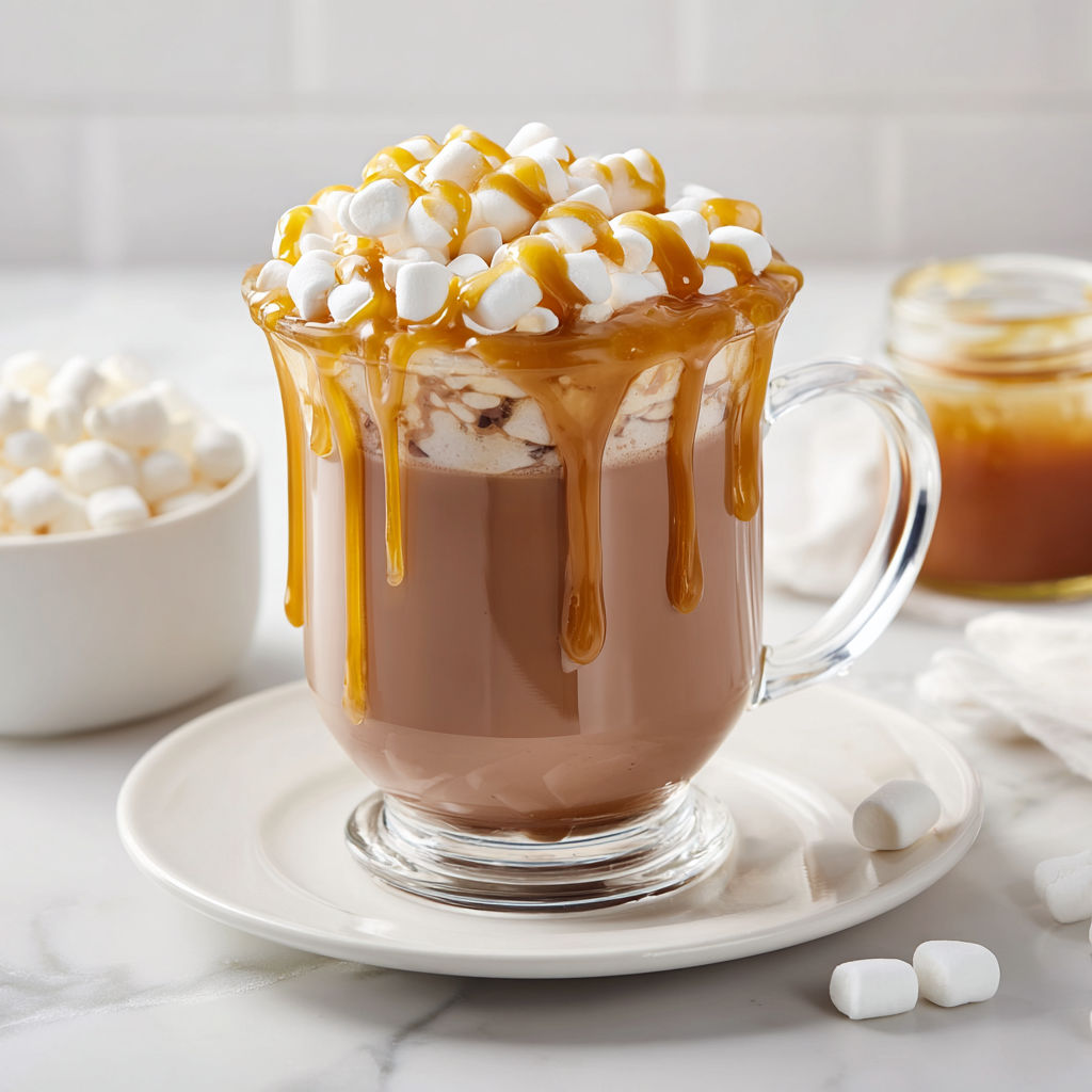 A cup of coffee with marshmallows and caramel drizzled on top.