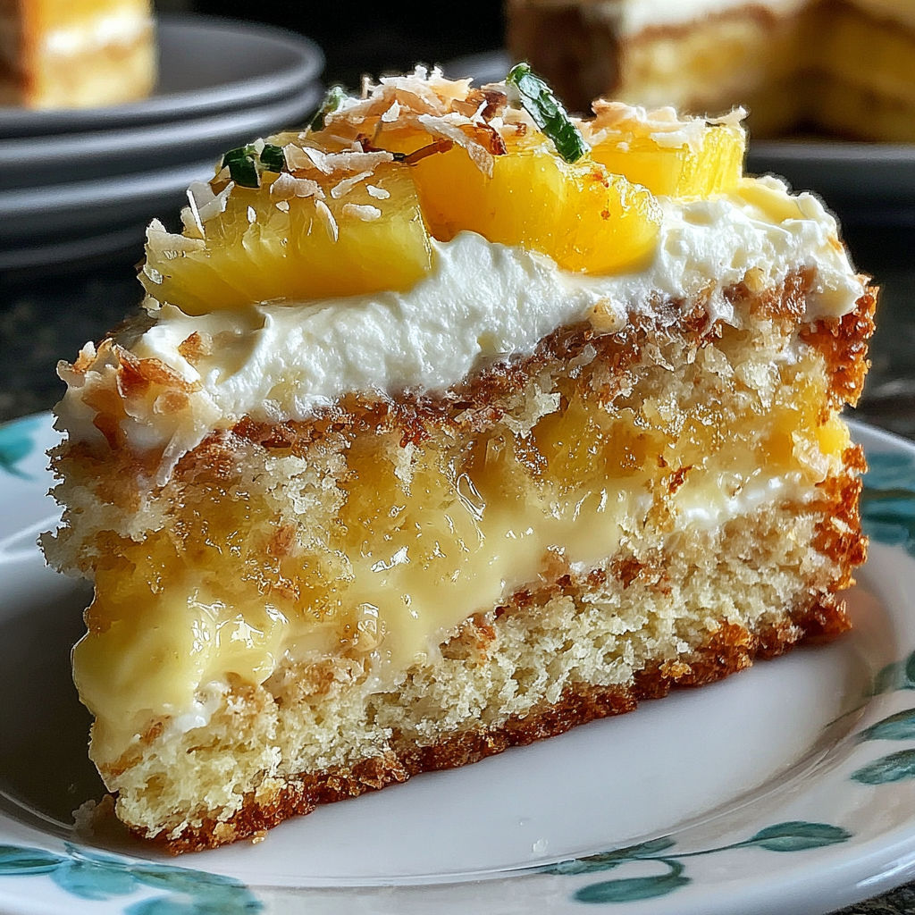 A slice of Hawaiian pineapple cake on a plate.
