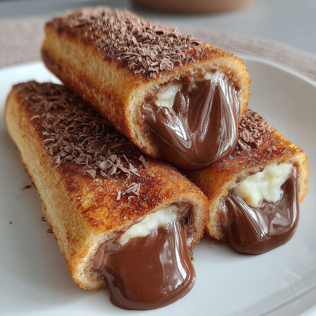 Two Kinder Chocolate Toast Rolls with chocolate drizzled on top.