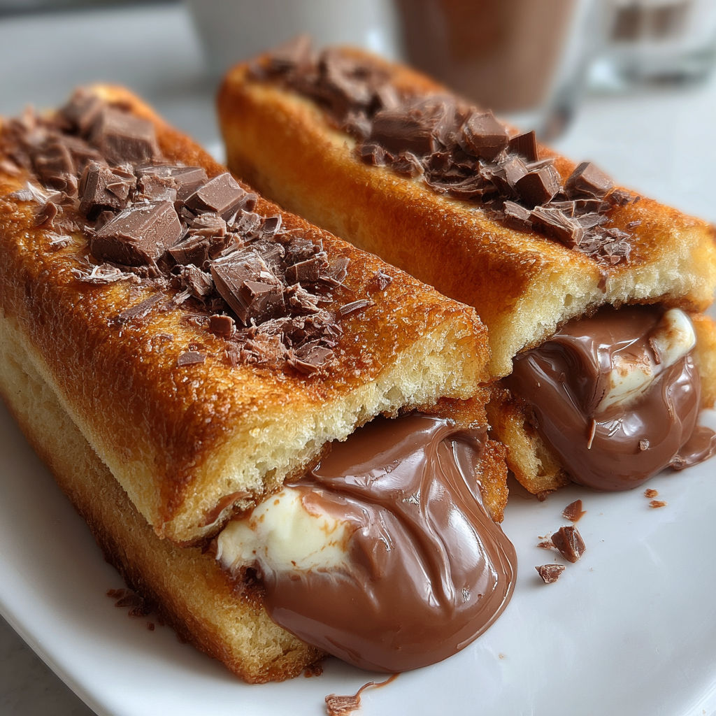 Two Kinder Chocolate Toast Rolls with chocolate sauce.
