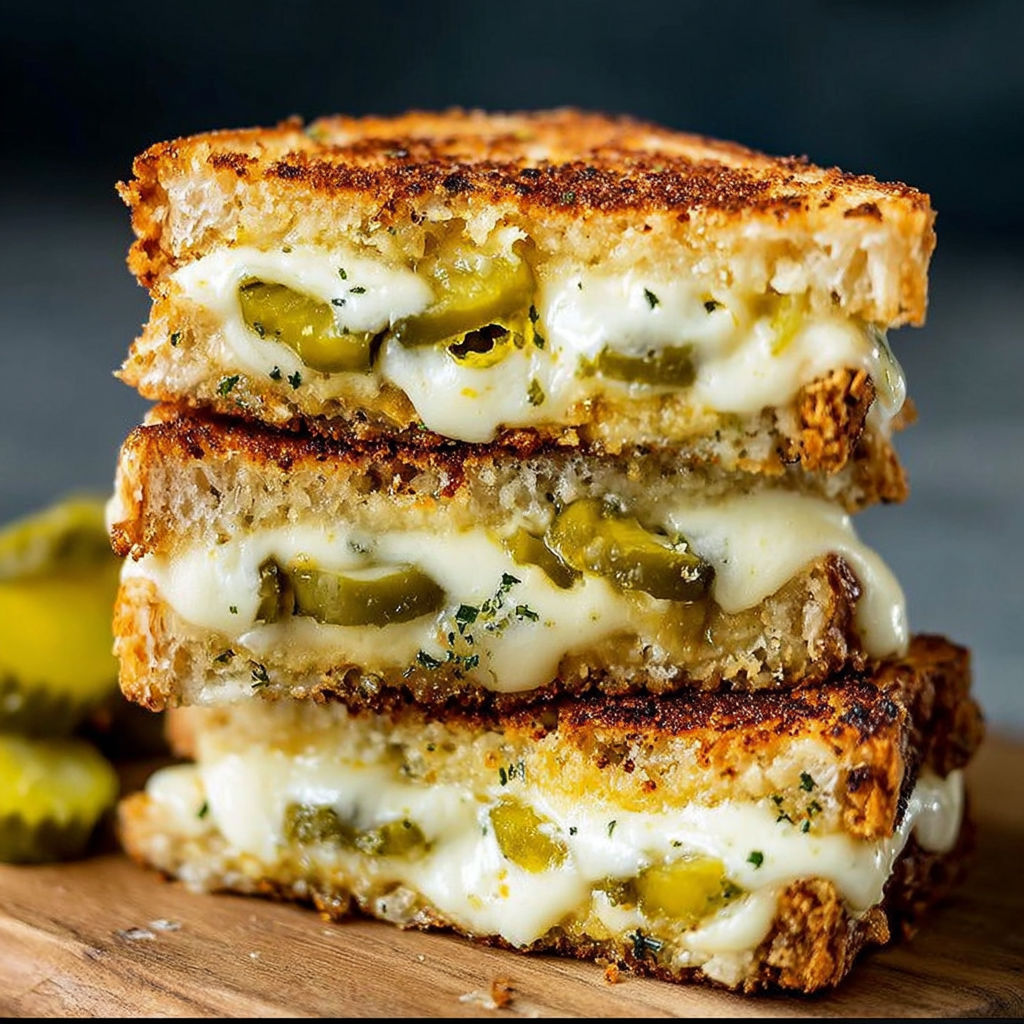 A grilled cheese sandwich with pickles.