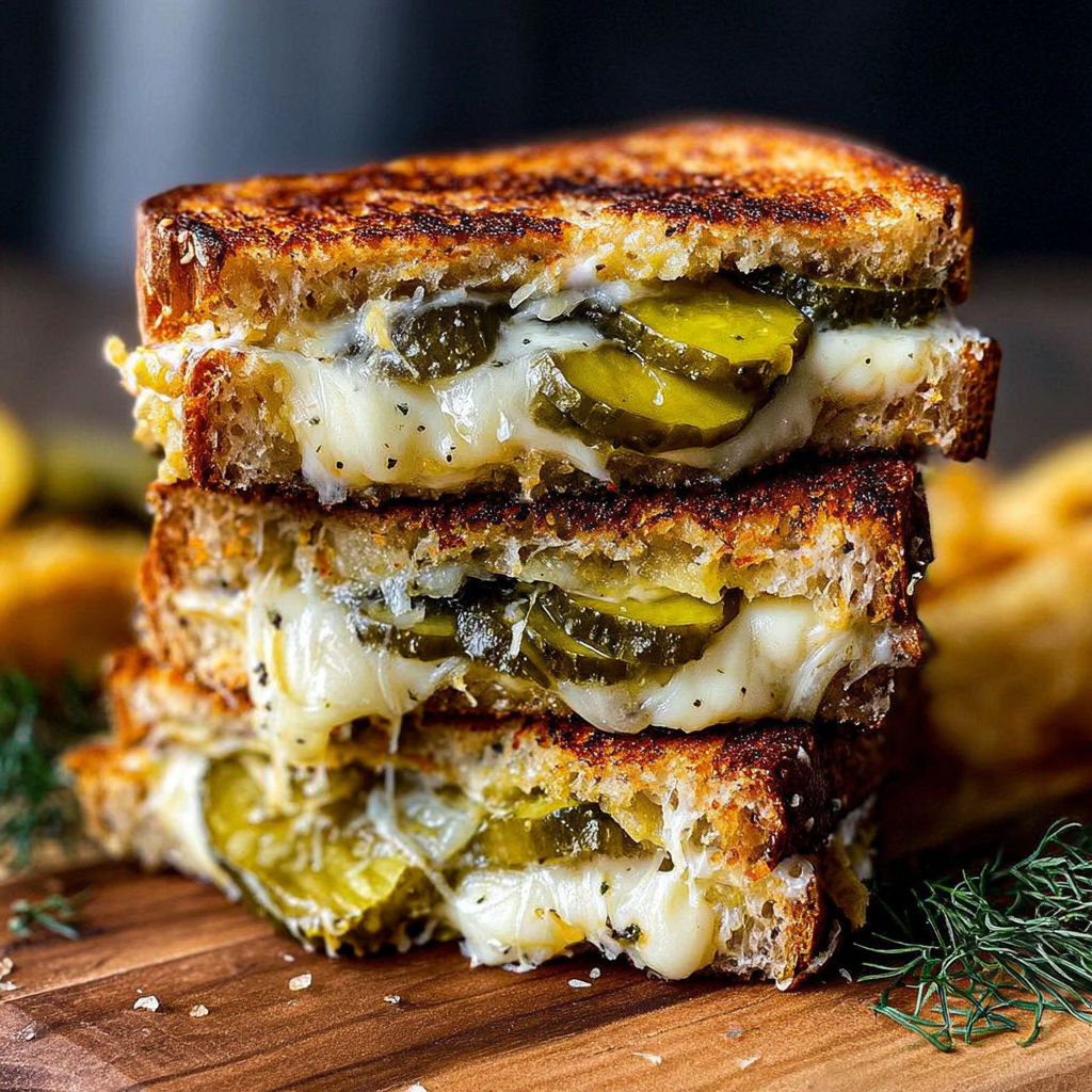 A grilled cheese sandwich with pickles on top.