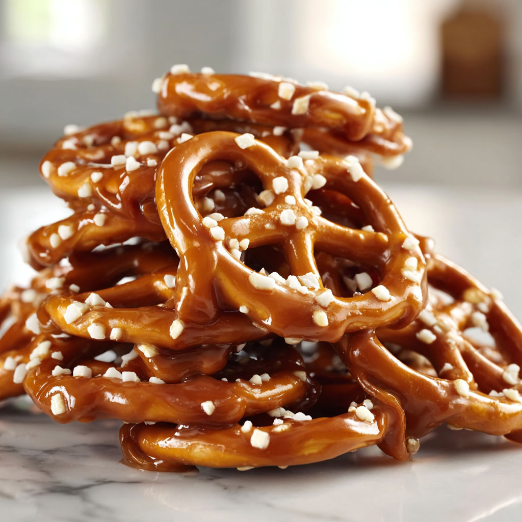 A stack of Church Lady Butter Toffee Pretzels.