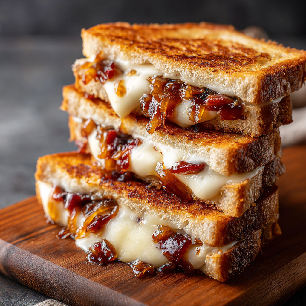 A stack of grilled cheese sandwiches with turkey bacon and caramelized onions.