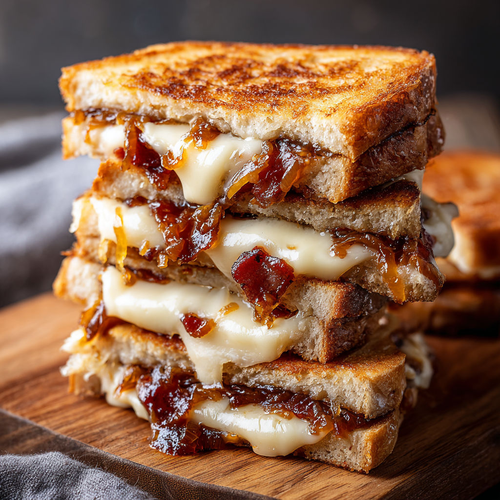A stack of grilled cheese sandwiches with turkey bacon and caramelized onions.