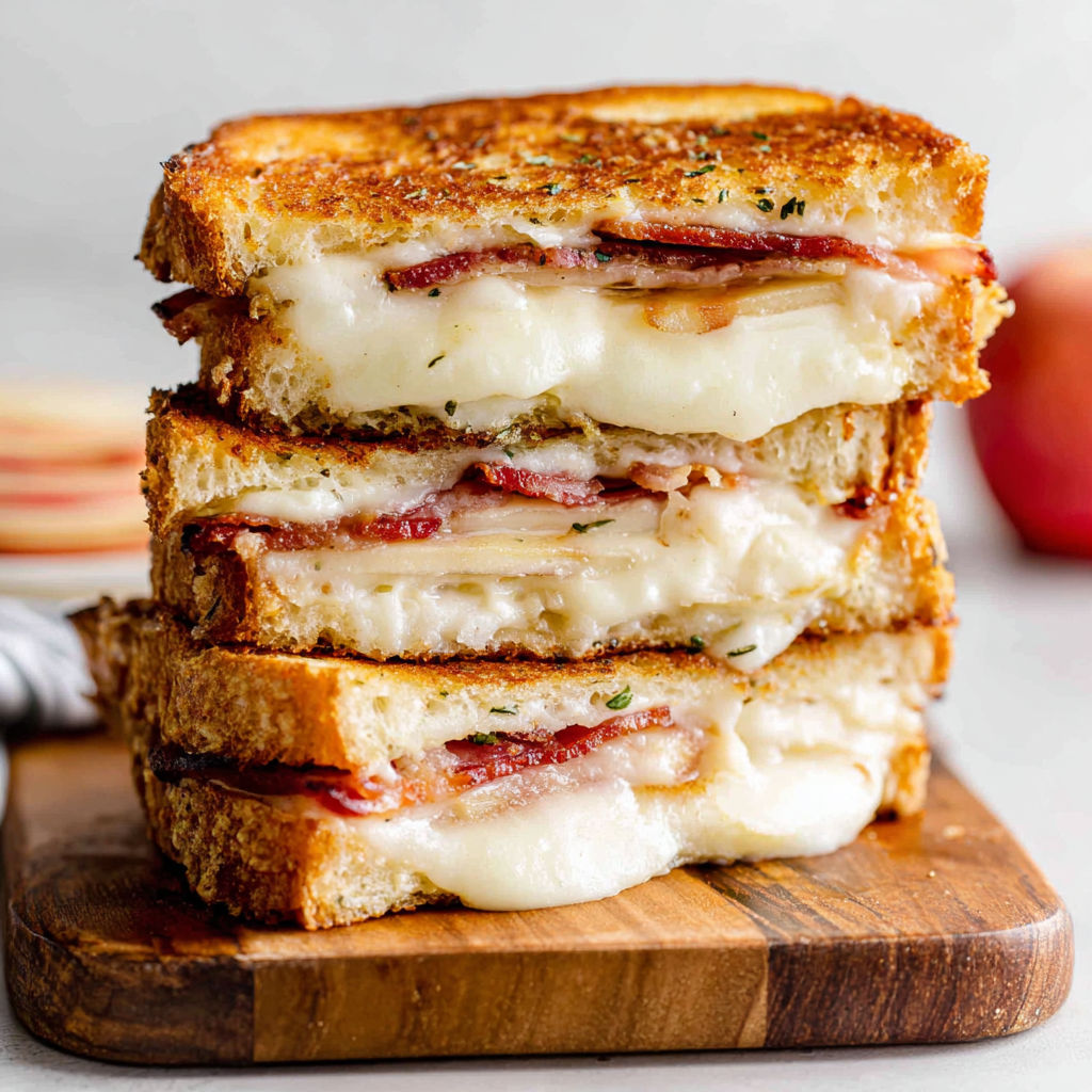 A grilled cheese sandwich with bacon and an apple slice.