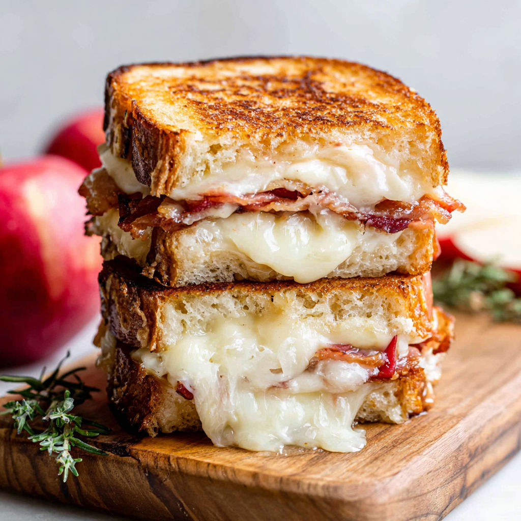 A grilled cheese sandwich with bacon and an apple slice on the side.