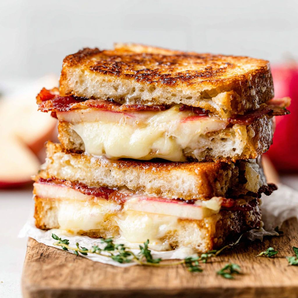 A grilled cheese sandwich with bacon and an apple slice.