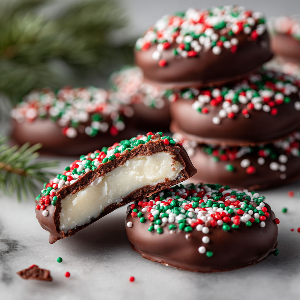 Homemade peppermint patties with white and red sprinkles.