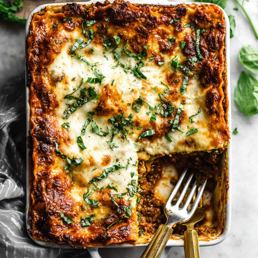 A slice of lasagna with spinach and cheese.