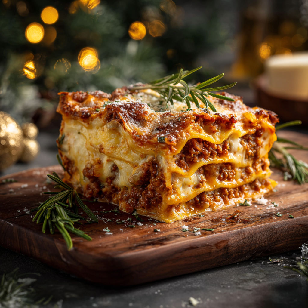 A delicious lasagna is served on a wooden table.