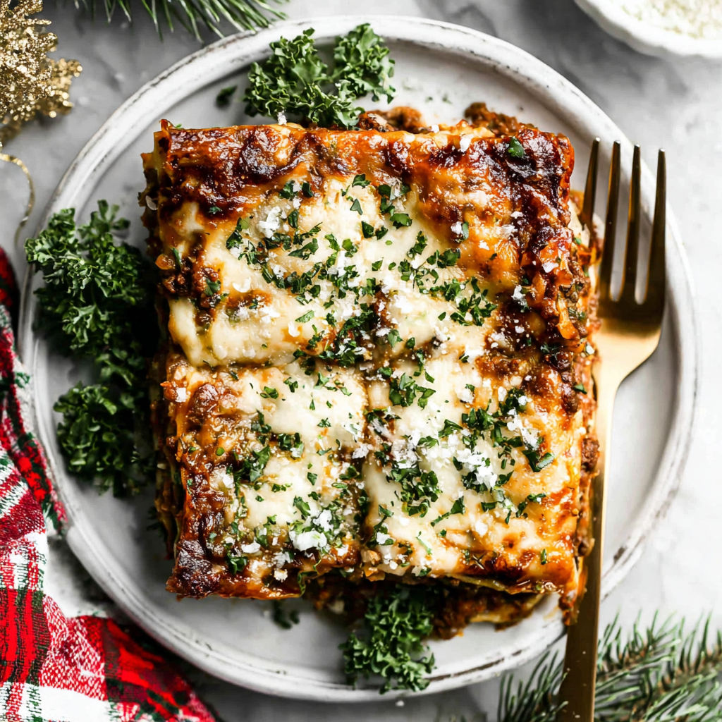 A plate of lasagna with green herbs on top.