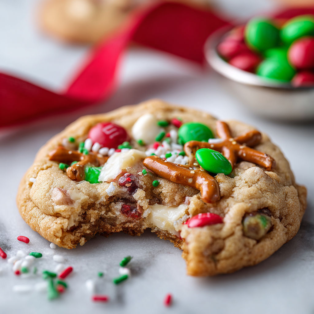 A cookie with green and red sprinkles.