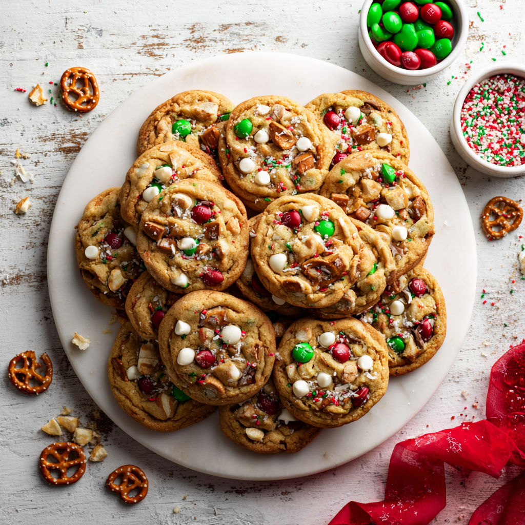 A plate of cookies with green and red toppings.